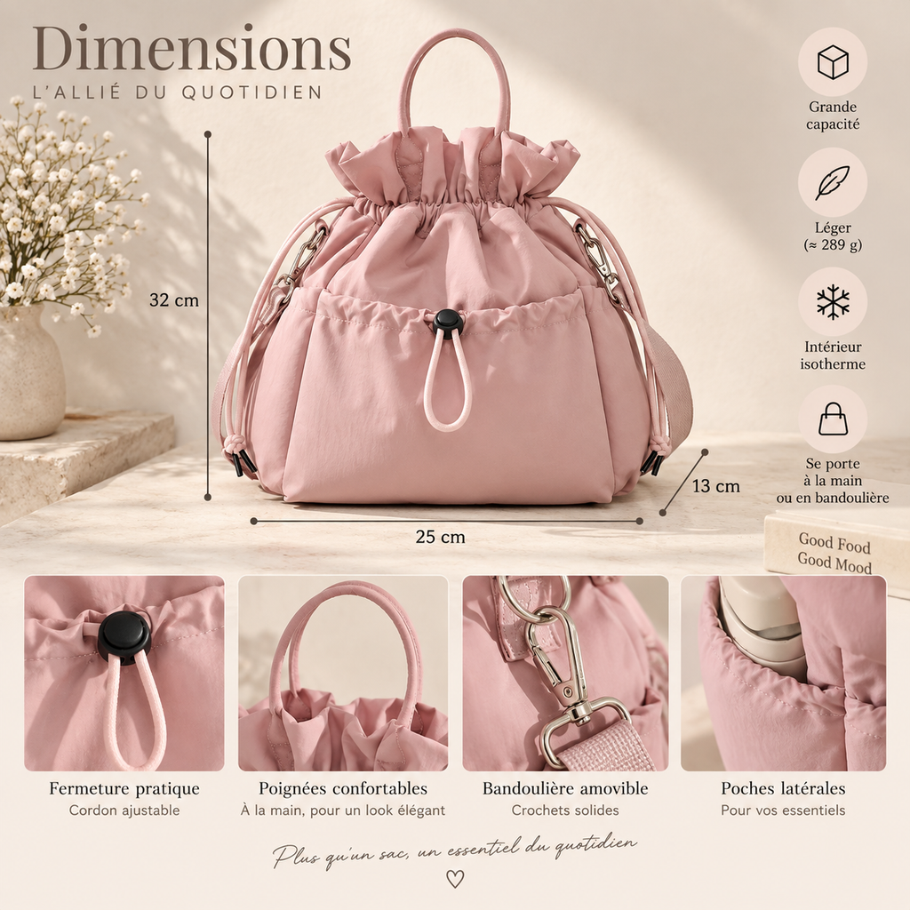 Sac repas isotherme rose MYLEVI dimensions 32 x 25 x 13 cm et détails