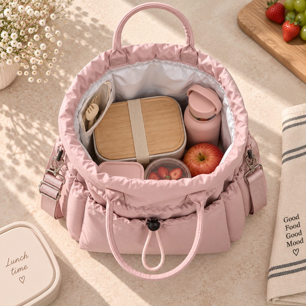 Sac repas isotherme rose MYLEVI ouvert avec intérieur isotherme et repas